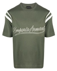 T-shirt girocollo ricamata verde oliva di Emporio Armani