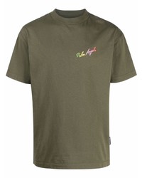 T-shirt girocollo ricamata verde oliva di Palm Angels