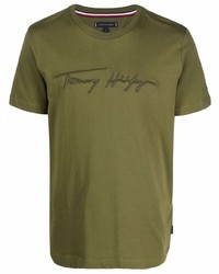 T-shirt girocollo ricamata verde oliva di Tommy Hilfiger