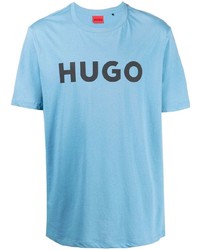 T-shirt girocollo stampata azzurra di Hugo