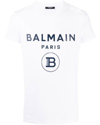 T-shirt girocollo stampata bianca e blu scuro di Balmain