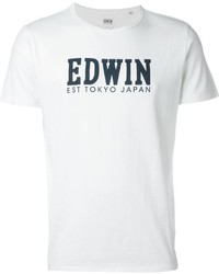 T-shirt girocollo stampata bianca e blu scuro di Edwin