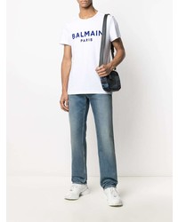 T-shirt girocollo stampata bianca e blu scuro di Balmain