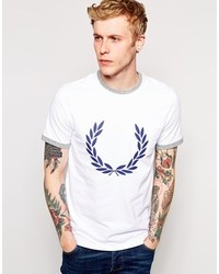 T-shirt girocollo stampata bianca e blu scuro di Fred Perry