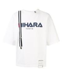 T-shirt girocollo stampata bianca e blu scuro di Maison Mihara Yasuhiro