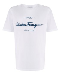 T-shirt girocollo stampata bianca e blu scuro di Salvatore Ferragamo