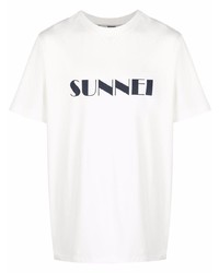 T-shirt girocollo stampata bianca e blu scuro di Sunnei