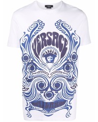 T-shirt girocollo stampata bianca e blu scuro di Versace