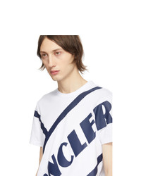 T-shirt girocollo stampata bianca e blu scuro di Moncler