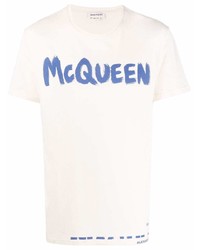 T-shirt girocollo stampata bianca e blu di Alexander McQueen