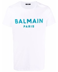 T-shirt girocollo stampata bianca e blu di Balmain