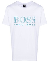 T-shirt girocollo stampata bianca e blu di BOSS
