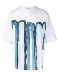 T-shirt girocollo stampata bianca e blu di Marni