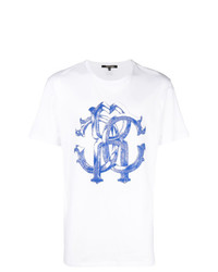 T-shirt girocollo stampata bianca e blu di Roberto Cavalli