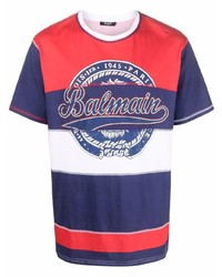 T-shirt girocollo stampata bianca e rossa e blu scuro di Balmain