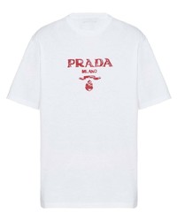 T-shirt girocollo stampata bianca e rossa di Prada
