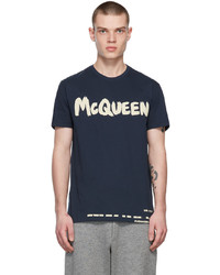 T-shirt girocollo stampata blu scuro e bianca di Alexander McQueen