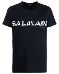 T-shirt girocollo stampata blu scuro e bianca di Balmain