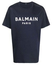 T-shirt girocollo stampata blu scuro e bianca di Balmain