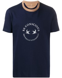 T-shirt girocollo stampata blu scuro e bianca di Brunello Cucinelli