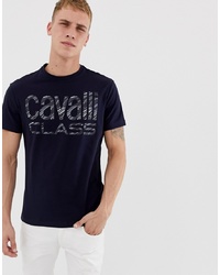 T-shirt girocollo stampata blu scuro e bianca di Cavalli Class