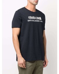 T-shirt girocollo stampata blu scuro e bianca di Roberto Cavalli
