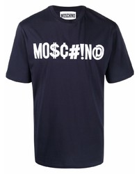 T-shirt girocollo stampata blu scuro e bianca di Moschino