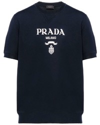 T-shirt girocollo stampata blu scuro e bianca di Prada