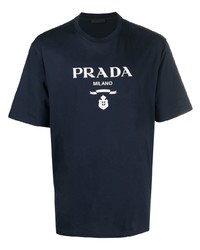 T-shirt girocollo stampata blu scuro e bianca di Prada