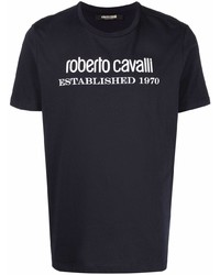 T-shirt girocollo stampata blu scuro e bianca di Roberto Cavalli