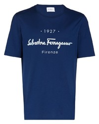 T-shirt girocollo stampata blu scuro e bianca di Salvatore Ferragamo