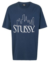 T-shirt girocollo stampata blu scuro e bianca di Stussy