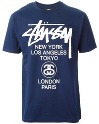 T-shirt girocollo stampata blu scuro e bianca di Stussy