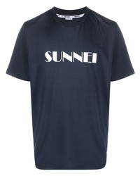 T-shirt girocollo stampata blu scuro e bianca di Sunnei