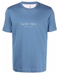 T-shirt girocollo stampata blu di Brunello Cucinelli