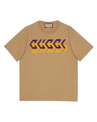 T-shirt girocollo stampata marrone chiaro di Gucci