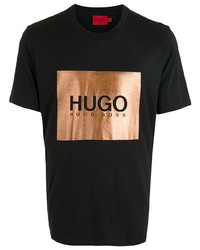 T-shirt girocollo stampata nera e dorata di Hugo