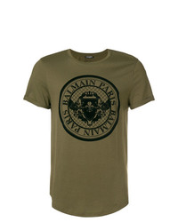 T-shirt girocollo stampata verde oliva di Balmain