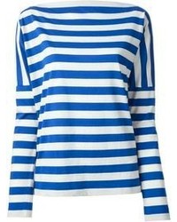 T-shirt manica lunga a righe orizzontali bianca e blu di Stella Jean