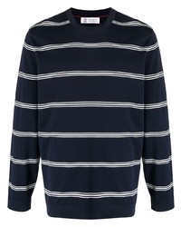 T-shirt manica lunga a righe orizzontali blu scuro e bianca di Brunello Cucinelli