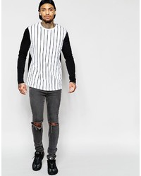 T-shirt manica lunga a righe verticali bianca e nera di Asos