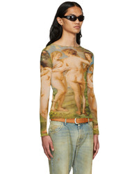 T-shirt manica lunga in rete stampata multicolore di Jean Paul Gaultier