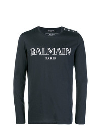 T-shirt manica lunga stampata blu scuro e bianca di Balmain
