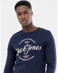 T-shirt manica lunga stampata blu scuro e bianca di Jack & Jones