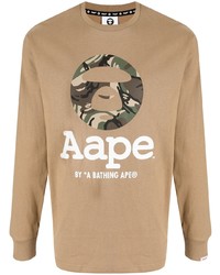 T-shirt manica lunga stampata marrone chiaro di AAPE BY A BATHING APE