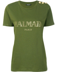 T-shirt stampata verde oliva di Balmain