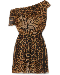 Vestito a trapezio di seta leopardato marrone