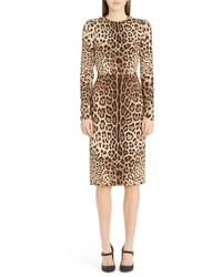 Vestito a tubino di seta leopardato marrone chiaro