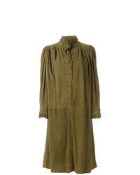 Vestito longuette in pelle scamosciata a pieghe verde oliva di Emanuel Ungaro Vintage