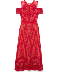 Vestito longuette in tulle ricamato rosso di Marchesa Notte